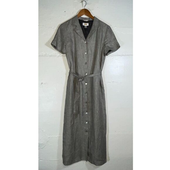 Vintage Irish Linen Check Shirt Dress Size 10 Y2K Button Front Belted Talbots - Picture 2 of 12